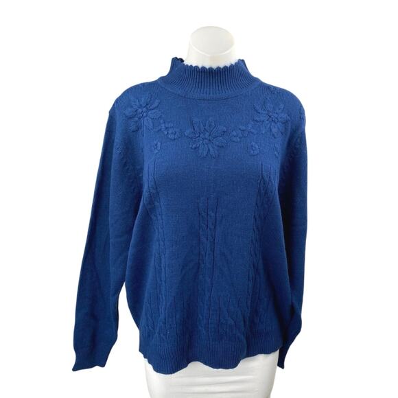 Salon Studio Womens Blue Long Sleeve Turtleneck Floral Cable Knit Sweater Top XL - Picture 1 of 3